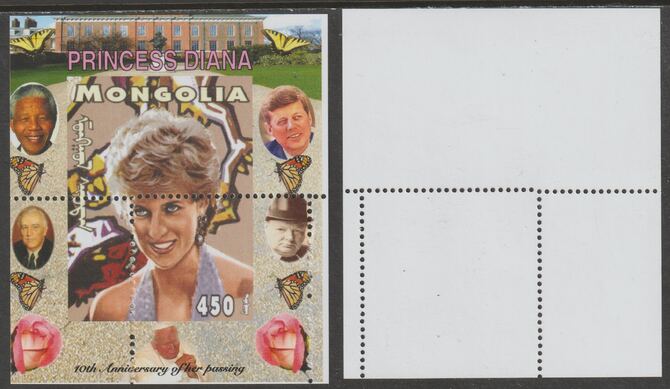 Mongolia 2007 Tenth Death Anniversary of Princess Diana 450f m/sheet #18 perforated with wrong perf pattern unmounted mint (Churchill, Kennedy, Mandela, Roosevelt, Pope & Butterflies in background), stamps on royalty, stamps on diana, stamps on churchill, stamps on kennedy, stamps on personalities, stamps on mandela, stamps on butterflies, stamps on roosevelt, stamps on usa presidents, stamps on americana, stamps on human rights, stamps on nobel, stamps on personalities, stamps on mandela, stamps on nobel, stamps on peace, stamps on racism, stamps on human rights, stamps on pope, stamps on 