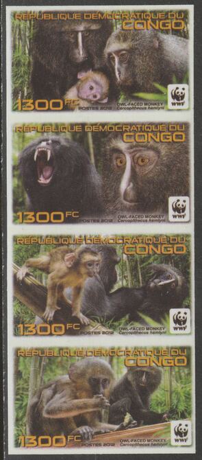 Congo 2012 WWF - Owl Faced Monkey imperf strip of 4 unmounted mint, stamps on animals, stamps on  wwf , stamps on monkeys, stamps on primates, stamps on apes, stamps on 