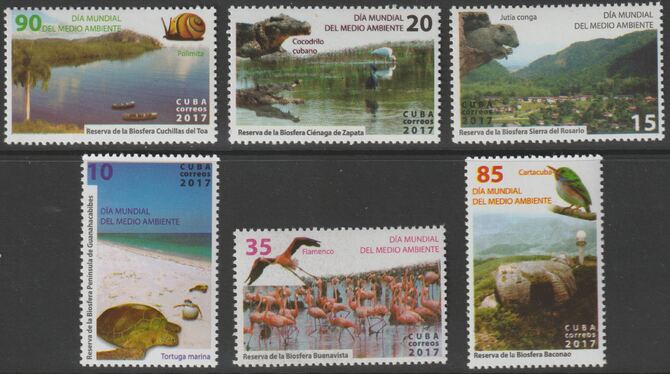 Cuba 2017 Nature Reserves perf set of 6 unmounted mint, stamps on nature, stamps on reserves, stamps on turtles, stamps on flamingoes, stamps on crocodiles, stamps on 