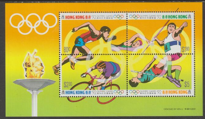Hong Kong 1992 Barcelona Olympic Games perf m/sheet containing 4 values unmounted mint, SG MS 700, stamps on olympics, stamps on running, stamps on swimming, stamps on javelin, stamps on bicycles, stamps on cycling.pole vault