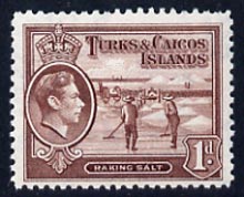 Turks & Caicos Islands 1938 KG6 Raking Salt 1d red-brown unmounted mint, SG 196*, stamps on salt, stamps on herbs, stamps on spices, stamps on food, stamps on , stamps on  kg6 , stamps on , stamps on minerals