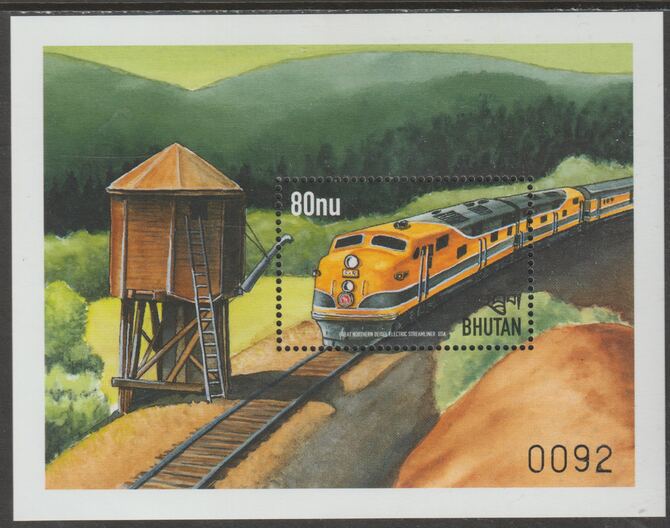 Bhutan 1999 Trains 80n perf m/sheet (Great Northern Diesel  Electric USA) unmounted mint, SG MS 1328b, stamps on , stamps on  stamps on railways