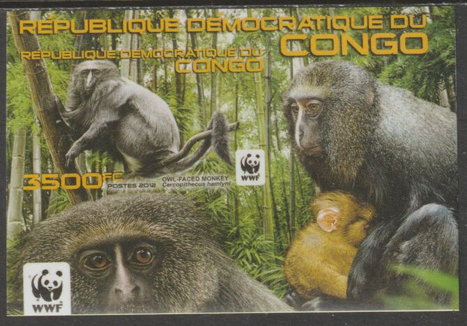 Congo 2012 WWF - Owl Faced Monkey imperf m/sheet unmounted mint, stamps on , stamps on  stamps on animals, stamps on  stamps on  wwf , stamps on  stamps on monkeys, stamps on  stamps on primates, stamps on  stamps on apes, stamps on  stamps on 