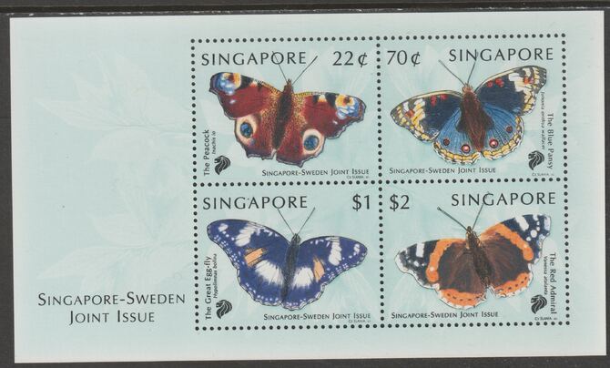 Singapore - Sweden Joint Issue 1999 Butterflies perf sheetlet containing 4 values unmounted mint, SG MS 1003, stamps on butterflies