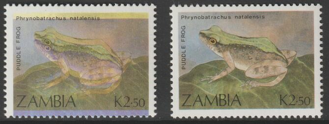 Zambia 1989 Puddle Frog 2k50 with superb misplacement of cyan & magenta giving two frogs complete with normal, both unmounted mint SG 568/var, stamps on frogs, stamps on amphibians
