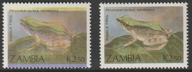 Zambia 1989 Puddle Frog 2k50 with superb misplacement of cyan & magenta giving two frogs complete with normal, both unmounted mint SG 568/var, stamps on frogs, stamps on amphibians