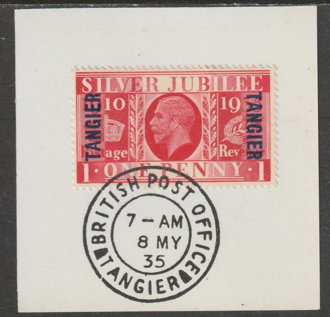 Morocco Agencies - Tangier 1935 KG5 Silver Jubilee 1d on piece with full strike of Madame Joseph forged postmark type 84, stamps on , stamps on  kg6 , stamps on forgery, stamps on silver jubilee