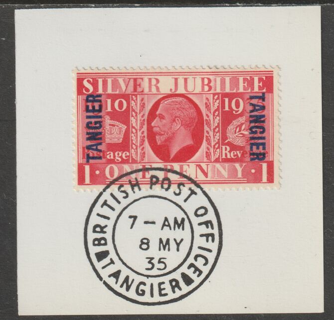 Morocco Agencies - Tangier 1935 KG5 Silver Jubilee 1d on piece with full strike of Madame Joseph forged postmark type 84, stamps on , stamps on  stamps on , stamps on  stamps on  kg6 , stamps on  stamps on forgery, stamps on  stamps on silver jubilee