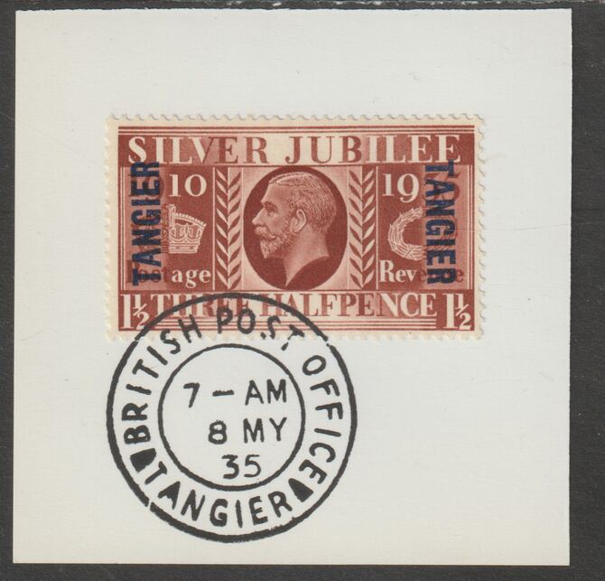 Morocco Agencies - Tangier 1935 KG5 Silver Jubilee 1.5d on piece with full strike of Madame Joseph forged postmark type 84, stamps on , stamps on  kg6 , stamps on forgery, stamps on silver jubilee