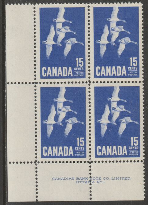 Canada 1963 Geese 15c imprint Plate block of 4 (Plate No. 1) from SW corner of sheet unmounted mint SG 539, stamps on , stamps on  stamps on geese, stamps on  stamps on birds, stamps on  stamps on 