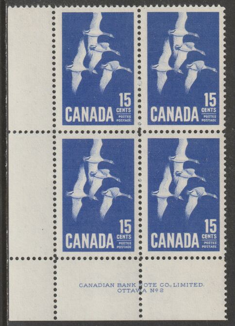 Canada 1963 Geese 15c imprint Plate block of 4 (Plate No. 2) from SW corner of sheet unmounted mint SG 539, stamps on geese, stamps on birds, stamps on 