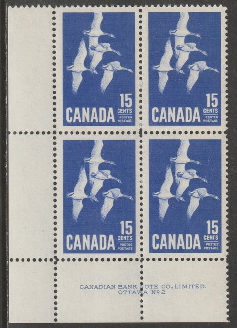 Canada 1963 Geese 15c imprint Plate block of 4 (Plate No. 2) from SW corner of sheet unmounted mint SG 539, stamps on , stamps on  stamps on geese, stamps on  stamps on birds, stamps on  stamps on 