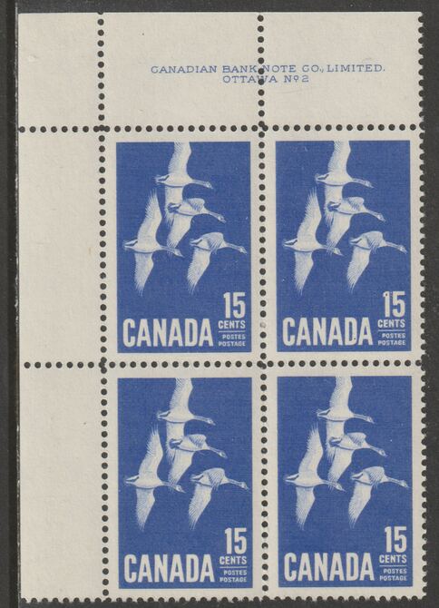 Canada 1963 Geese 15c imprint Plate block of 4 (Plate No. 2) from NW corner of sheet unmounted mint SG 539, stamps on geese, stamps on birds, stamps on 