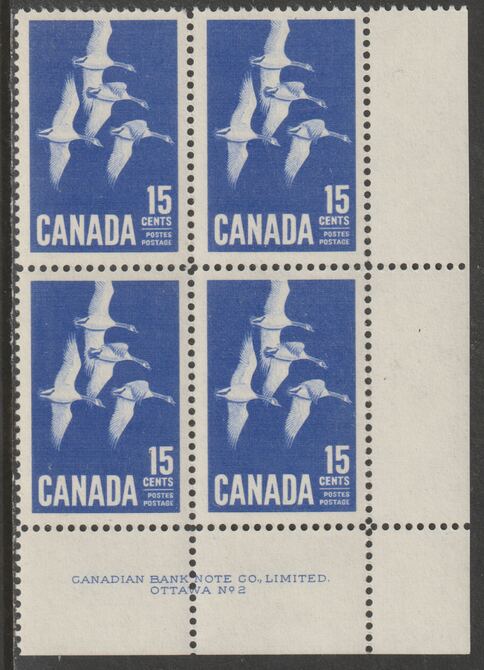 Canada 1963 Geese 15c imprint Plate block of 4 (Plate No. 2) from SE corner of sheet unmounted mint SG 539, stamps on geese, stamps on birds, stamps on 