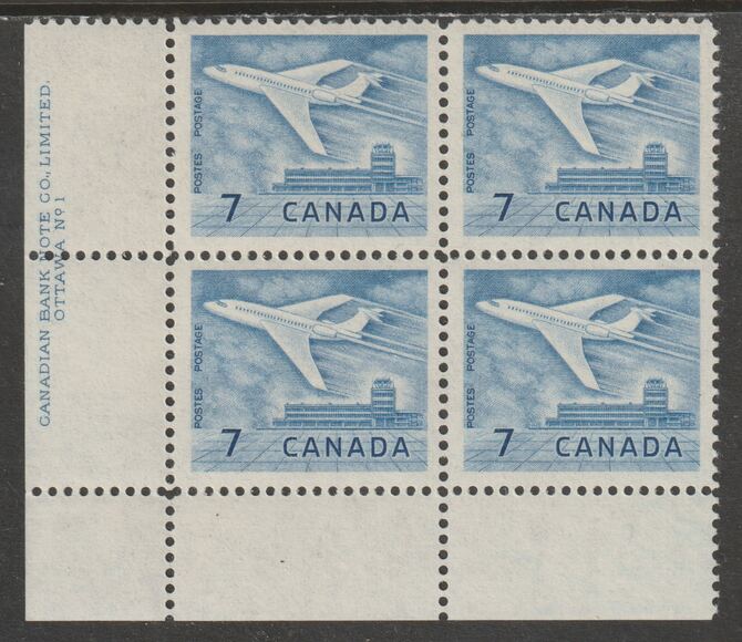 Canada 1964 Douglas DC-9 Aircraft 7c imprint Pate block of 4 (Plate No. 1) from SW corner of sheet unmounted mint SG 540, stamps on , stamps on  stamps on aviation, stamps on  stamps on douglas