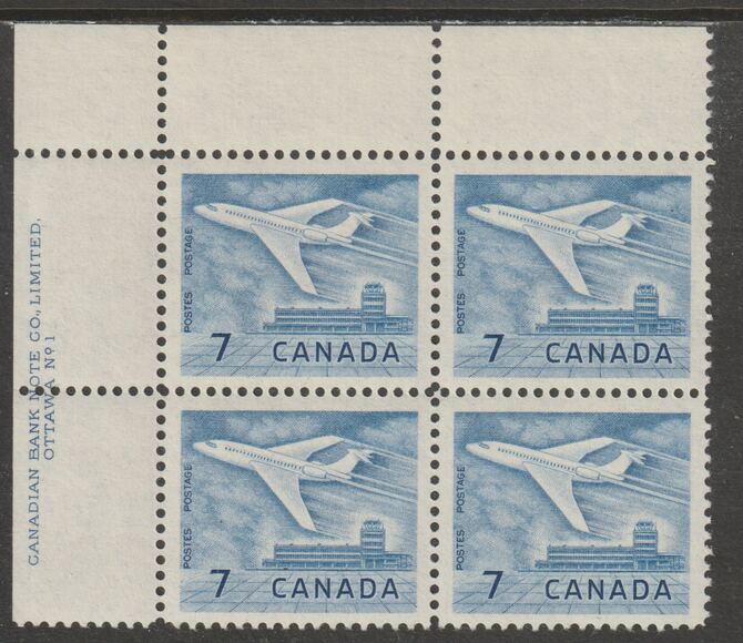 Canada 1964 Douglas DC-9 Aircraft 7c imprint Pate block of 4 (Plate No. 1) from NW corner of sheet unmounted mint SG 540, stamps on aviation, stamps on douglas