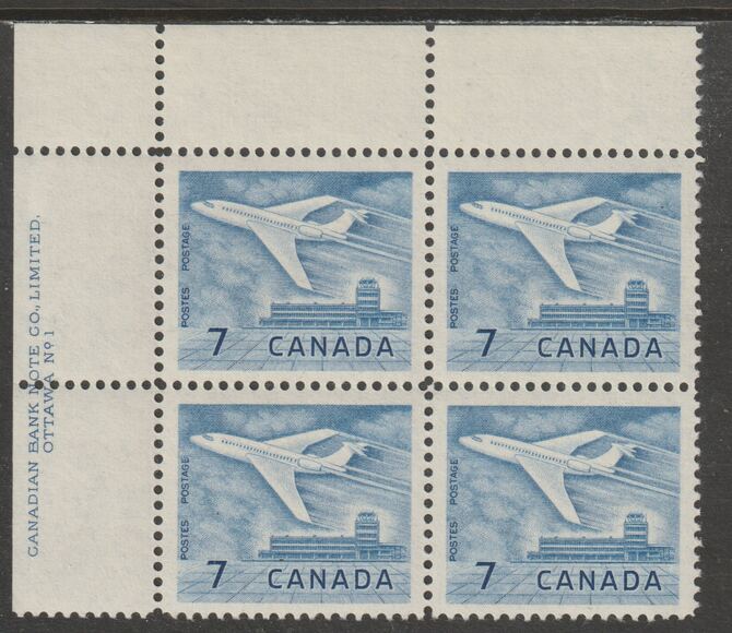 Canada 1964 Douglas DC-9 Aircraft 7c imprint Pate block of 4 (Plate No. 1) from NW corner of sheet unmounted mint SG 540, stamps on , stamps on  stamps on aviation, stamps on  stamps on douglas