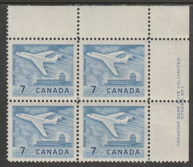 Canada 1964 Douglas DC-9 Aircraft 7c imprint Pate block of 4 (Plate No. 1) from NE corner of sheet unmounted mint SG 540, stamps on , stamps on  stamps on aviation, stamps on  stamps on douglas