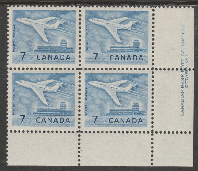 Canada 1964 Douglas DC-9 Aircraft 7c imprint Pate block of 4 (Plate No. 1) from SE corner of sheet unmounted mint SG 540, stamps on , stamps on  stamps on aviation, stamps on  stamps on douglas