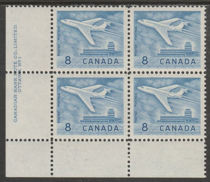 Canada 1964 Douglas DC-9 Aircraft 8c imprint Pate block of 4 (Plate No. 1) from SW corner of sheet unmounted mint SG 540a, stamps on , stamps on  stamps on aviation, stamps on  stamps on douglas