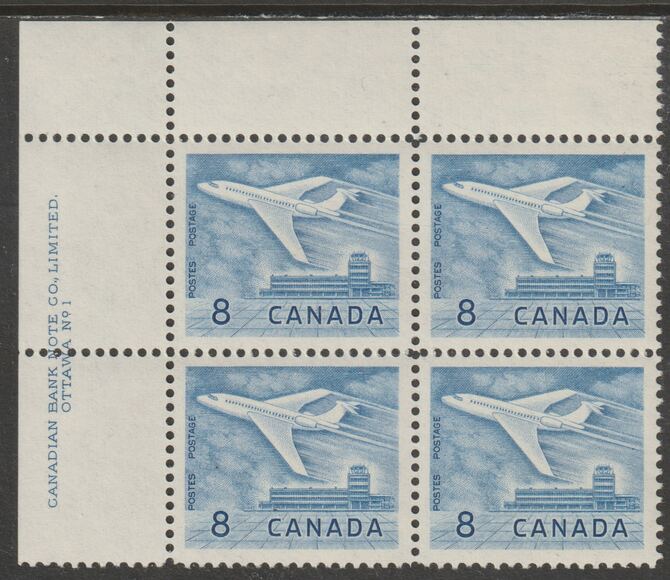 Canada 1964 Douglas DC-9 Aircraft 8c imprint Pate block of 4 (Plate No. 1) from NW corner of sheet unmounted mint SG 540a, stamps on , stamps on  stamps on aviation, stamps on  stamps on douglas