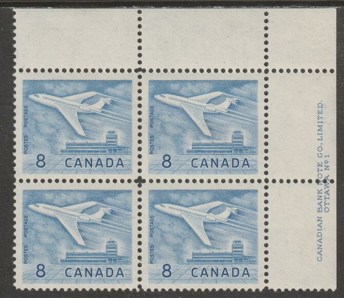 Canada 1964 Douglas DC-9 Aircraft 8c imprint Pate block of 4 (Plate No. 1) from NE corner of sheet unmounted mint SG 540a, stamps on , stamps on  stamps on aviation, stamps on  stamps on douglas