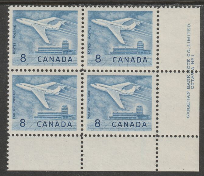 Canada 1964 Douglas DC-9 Aircraft 8c imprint Pate block of 4 (Plate No. 1) from SE corner of sheet unmounted mint SG 540a, stamps on , stamps on  stamps on aviation, stamps on  stamps on douglas