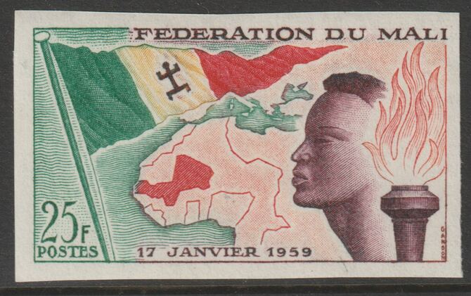 Mali 1959 Establishment of Mali Federation 25f imperf from limited printing unmounted mint as SG1, stamps on , stamps on  stamps on maps, stamps on  stamps on flags, stamps on  stamps on torch