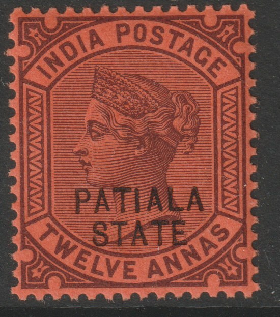 Indian States - Patiala 1891-96 QV 12a purple on red unmounted mint SG 27, stamps on , stamps on  qv , stamps on 