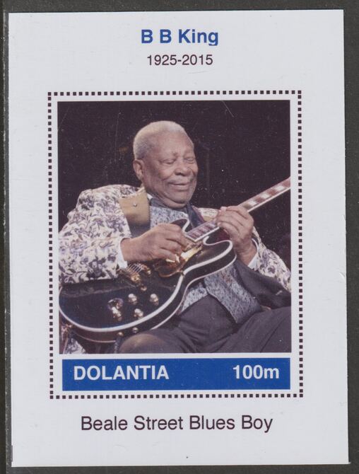 Dolantia (Fantasy) B B King imperf deluxe sheetlet on glossy card (75 x 103 mm) unmounted mint, stamps on personalities, stamps on music, stamps on blues