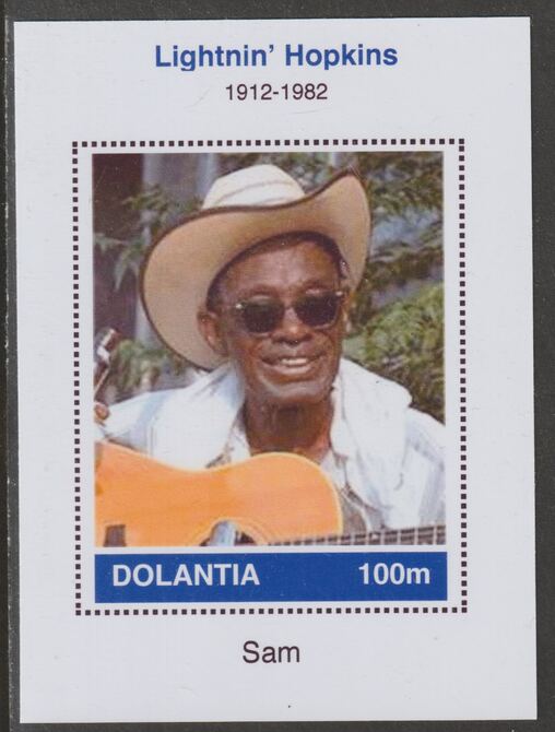 Dolantia (Fantasy) Lightnin' Hopkins imperf deluxe sheetlet on glossy card (75 x 103 mm) unmounted mint, stamps on personalities, stamps on music, stamps on blues