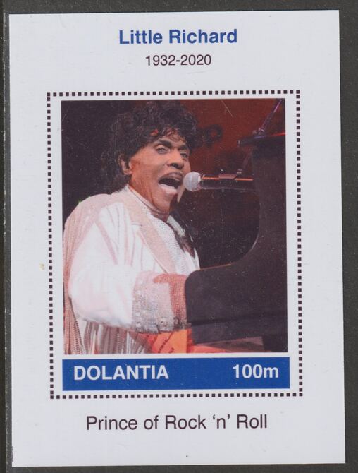 Dolantia (Fantasy) Little Richard imperf deluxe sheetlet on glossy card (75 x 103 mm) unmounted mint, stamps on , stamps on  stamps on personalities, stamps on  stamps on music, stamps on  stamps on rock, stamps on  stamps on pops