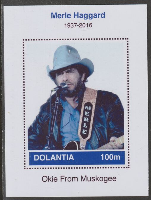 Dolantia (Fantasy) Merle Haggard imperf deluxe sheetlet on glossy card (75 x 103 mm) unmounted mint, stamps on personalities, stamps on music, stamps on country