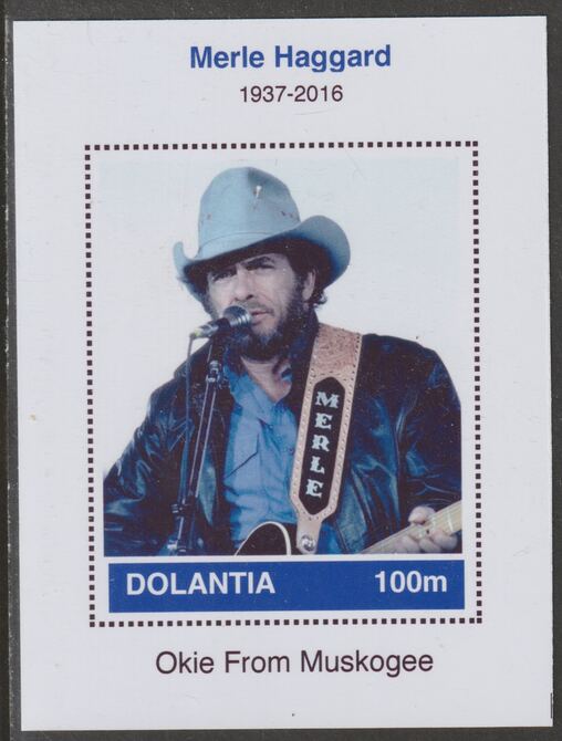 Dolantia (Fantasy) Merle Haggard imperf deluxe sheetlet on glossy card (75 x 103 mm) unmounted mint, stamps on , stamps on  stamps on personalities, stamps on  stamps on music, stamps on  stamps on country