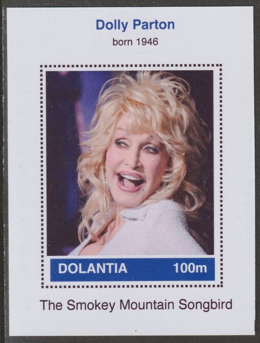 Dolantia (Fantasy) Dolly Parton imperf deluxe sheetlet on glossy card (75 x 103 mm) unmounted mint, stamps on , stamps on  stamps on personalities, stamps on  stamps on music, stamps on  stamps on country, stamps on  stamps on 