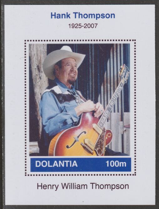 Dolantia (Fantasy) Hank Thompson imperf deluxe sheetlet on glossy card (75 x 103 mm) unmounted mint, stamps on personalities, stamps on music, stamps on country, stamps on 