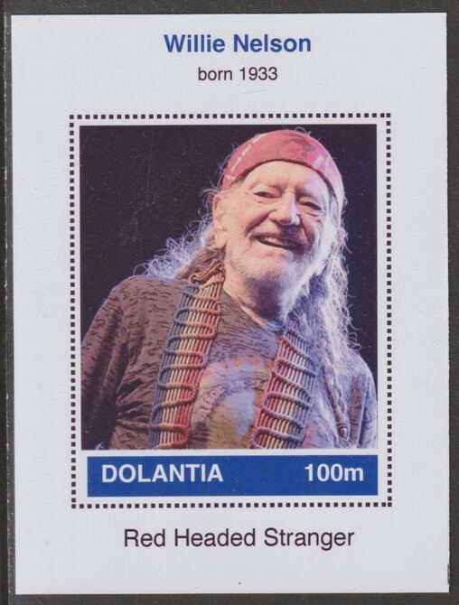 Dolantia (Fantasy) Willie Nelson imperf deluxe sheetlet on glossy card (75 x 103 mm) unmounted mint, stamps on personalities, stamps on music, stamps on country, stamps on 