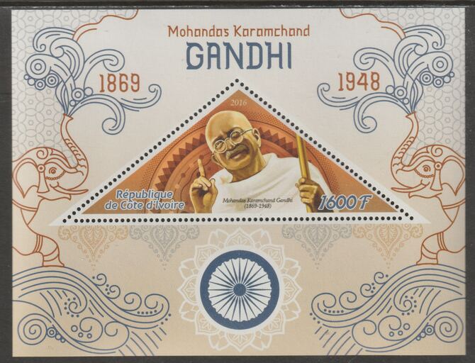 Ivory Coast 2016  Gandhi Commemoration perf deluxe sheet containing one triangular value unmounted mint, stamps on triangular, stamps on shaped, stamps on personalities, stamps on gandhi