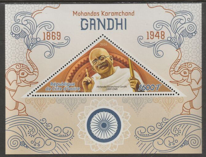 Ivory Coast 2016  Gandhi Commemoration perf deluxe sheet containing one triangular value unmounted mint, stamps on , stamps on  stamps on triangular, stamps on  stamps on shaped, stamps on  stamps on personalities, stamps on  stamps on gandhi