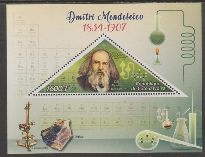 Ivory Coast 2016  Dmitri Mendeleev Commemoration perf deluxe sheet containing one triangular value unmounted mint, stamps on triangular, stamps on shaped, stamps on personalities, stamps on mendeleev, stamps on chemistry, stamps on physics