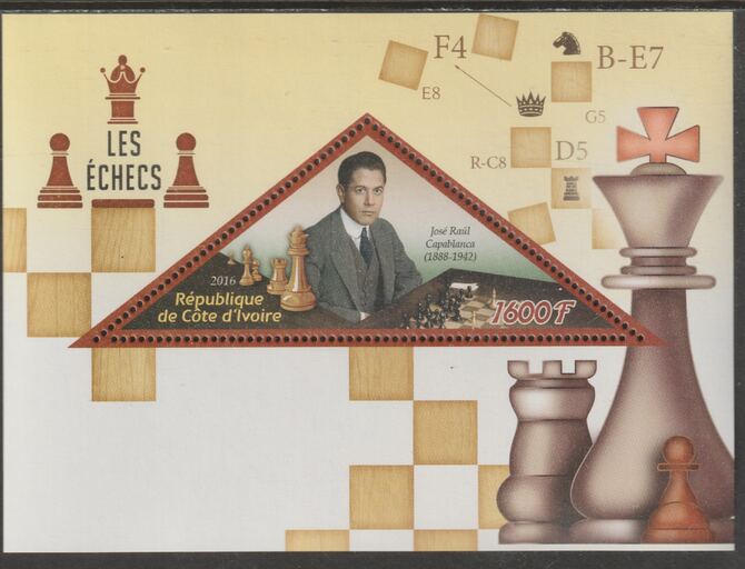 Ivory Coast 2016  Chess - Jose Raul Capablanca Commemoration perf deluxe sheet containing one triangular value unmounted mint, stamps on , stamps on  stamps on triangular, stamps on  stamps on shaped, stamps on  stamps on personalities, stamps on  stamps on chess