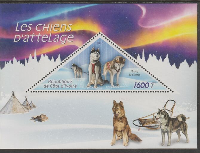 Ivory Coast 2016  Sled Dogs perf deluxe sheet containing one triangular value unmounted mint, stamps on , stamps on  stamps on triangular, stamps on  stamps on shaped, stamps on  stamps on dogs, stamps on  stamps on polar