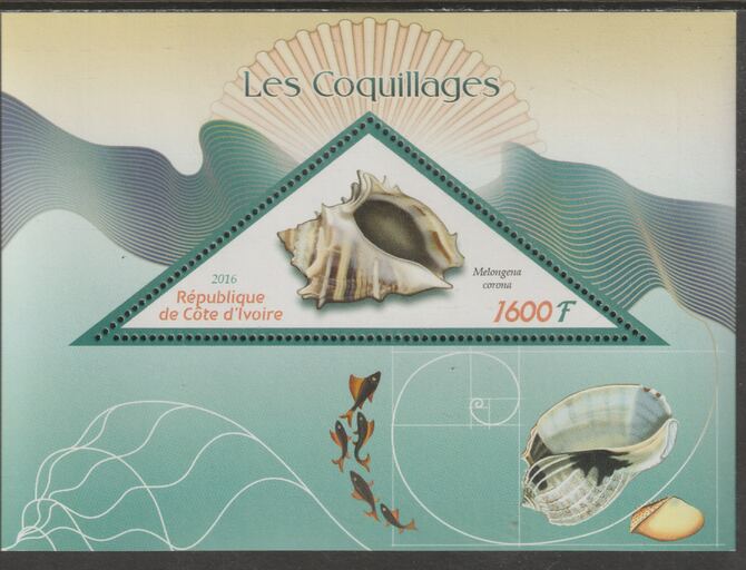Ivory Coast 2016  Seashells perf deluxe sheet containing one triangular value unmounted mint, stamps on triangular, stamps on shaped, stamps on marine life, stamps on shells