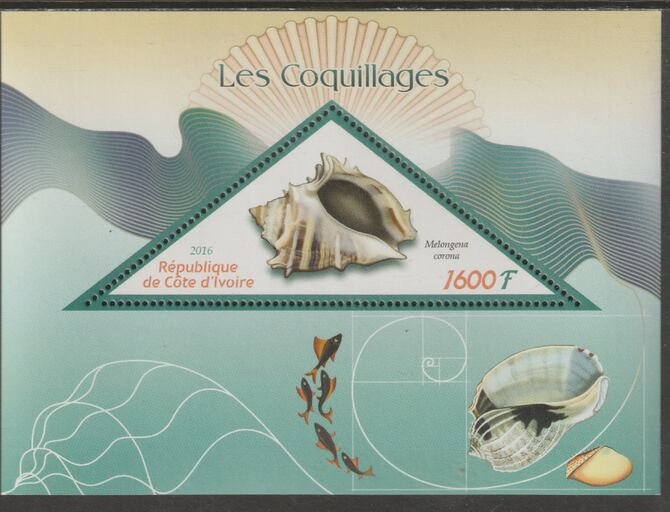 Ivory Coast 2016  Seashells perf deluxe sheet containing one triangular value unmounted mint, stamps on , stamps on  stamps on triangular, stamps on  stamps on shaped, stamps on  stamps on marine life, stamps on  stamps on shells