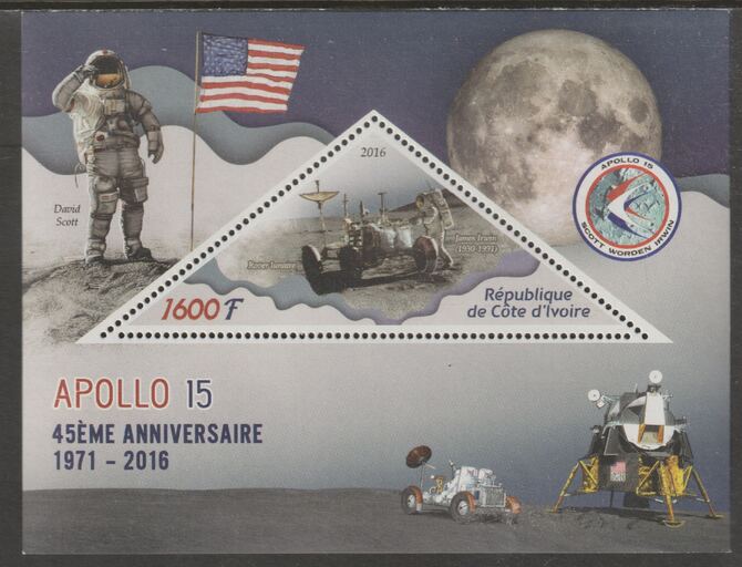 Ivory Coast 2016  45th Anniversary of Apollo 15 perf deluxe sheet containing one triangular value unmounted mint, stamps on , stamps on  stamps on triangular, stamps on  stamps on shaped, stamps on  stamps on space, stamps on  stamps on apollo, stamps on  stamps on moon