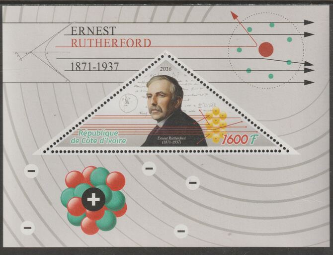 Ivory Coast 2016  Ernest Rutherford Commemoration perf deluxe sheet containing one triangular value unmounted mint, stamps on triangular, stamps on shaped, stamps on personalities, stamps on physics, stamps on rutherford, stamps on atomics
