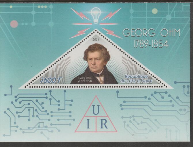 Ivory Coast 2016  Georg Ohm Commemoration perf deluxe sheet containing one triangular value unmounted mint, stamps on triangular, stamps on shaped, stamps on personalities, stamps on physics, stamps on mathematics, stamps on electricity