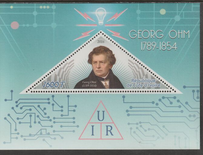 Ivory Coast 2016  Georg Ohm Commemoration perf deluxe sheet containing one triangular value unmounted mint, stamps on , stamps on  stamps on triangular, stamps on  stamps on shaped, stamps on  stamps on personalities, stamps on  stamps on physics, stamps on  stamps on mathematics, stamps on  stamps on electricity