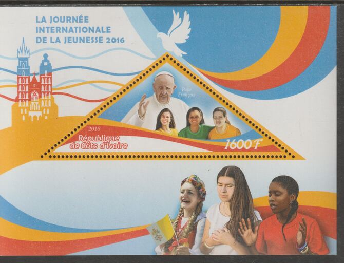 Ivory Coast 2016  Pope & International Infant Day perf deluxe sheet containing one triangular value unmounted mint, stamps on triangular, stamps on shaped, stamps on personalities, stamps on pope