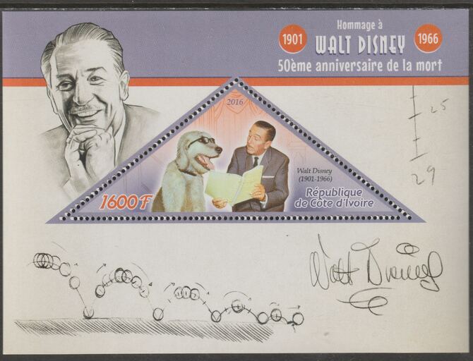 Ivory Coast 2016  50th Death Anniversary of Walt Disney perf deluxe sheet containing one triangular value unmounted mint, stamps on , stamps on  stamps on triangular, stamps on  stamps on shaped, stamps on  stamps on personalities, stamps on  stamps on disney
